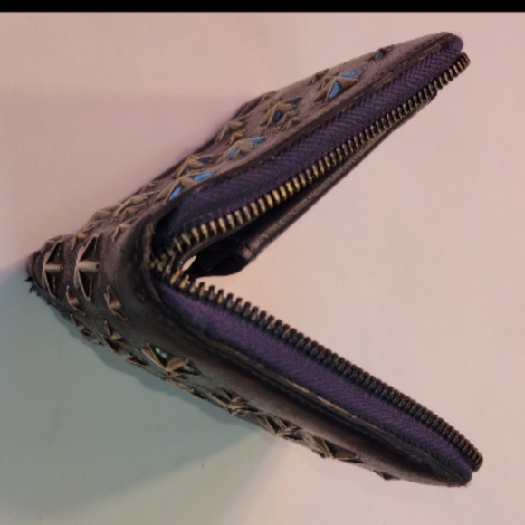 Jimmy Choo Navy Blue Silver Star Studded Martina Leather Zipper Bi-fold Wallet - Picture 10 of 14